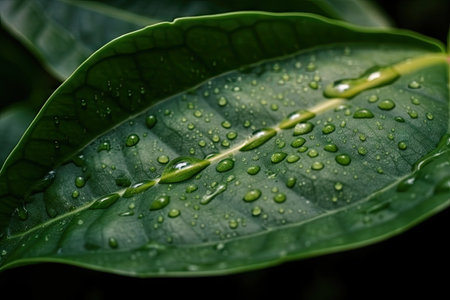 close-up of plant leaf with water droplets on the surface, created with generative aiの素材