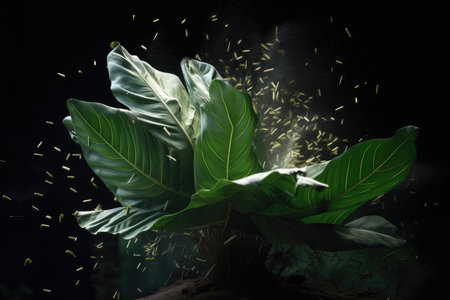 plant leaf explosion in slow motion, with each leaf individually blooming open, created with generative aiの素材