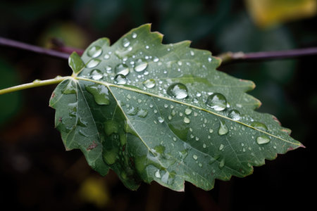 close-up of a single leaf, with water droplets and dew visible, created with generative aiの素材