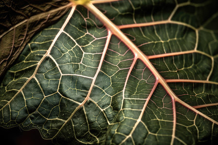 close-up of plant leaf, with bursting veins and intricate details visible, created with generative aiの素材