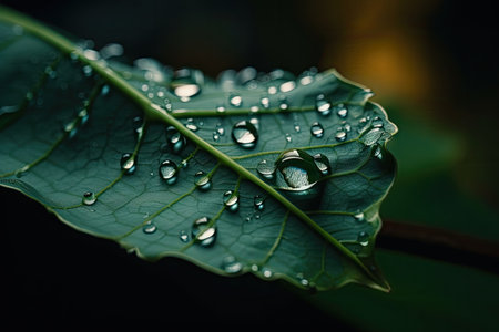 close-up of plant leaf with water droplets, creating beautiful reflection, created with generative aiの素材