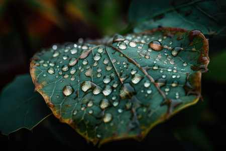 close-up of plant leaf, with hundreds of tiny crystals and dew drops, created with generative aiの素材