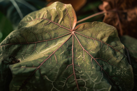plant leaf explosion, with focus on the veins and texture of the leaves, created with generative aiの素材