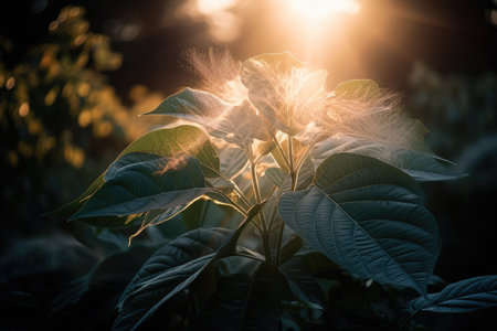 plant leaf explosion at dawn, with the sun shining through the leaves, created with generative aiの素材