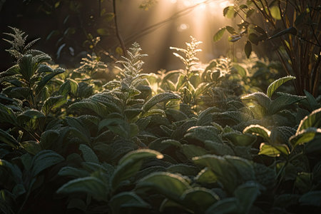 plant leaf explosion at dawn, with the sun shining through the leaves, created with generative aiの素材