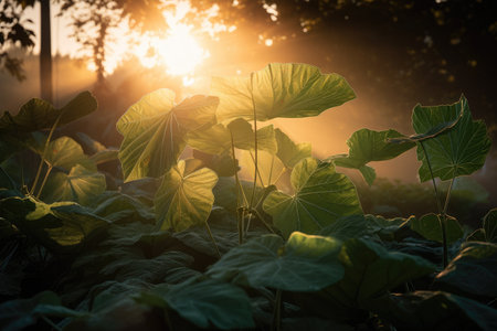 plant leaf explosion at dawn, with the sun shining through the leaves, created with generative aiの素材