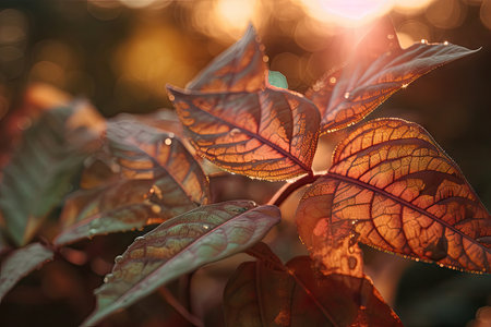 plant leaf explosion at sunrise, with warm and cool tones, created with generative aiの素材