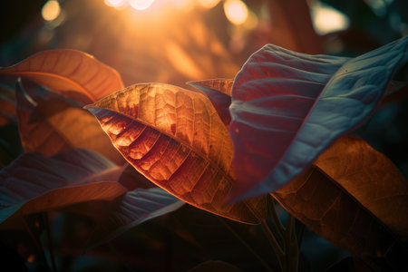plant leaf explosion at sunrise, with warm and cool tones, created with generative aiの素材