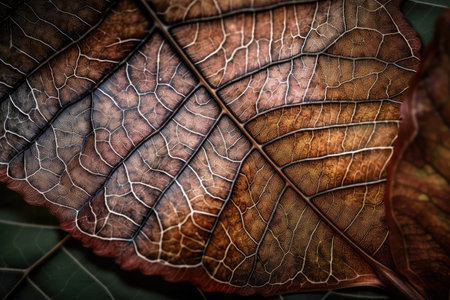 close-up of leaf, revealing intricate patterns and textures, created with generative aiの素材