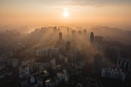 smoggy morning, with sun rising behind the skyline of a bustling metropolis, created with generative aiの素材
