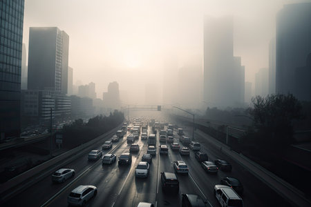 smoggy city skyline with blurred buildings and traffic in the foreground, created with generative aiの素材