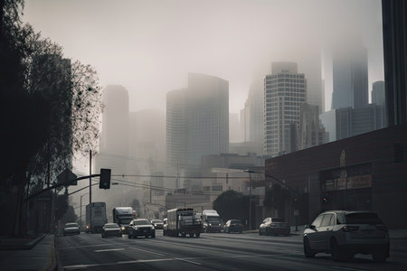 smoggy city skyline with blurred buildings and traffic in the foreground, created with generative aiの素材