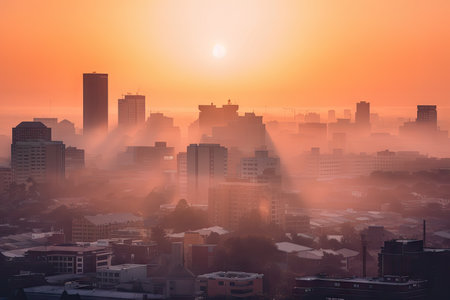 a smoggy city skyline at sunrise, with orange and pink hues visible in the sky, created with generative aiの素材