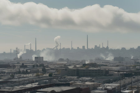 city, with view of smoggy skyline and billowing smoke stacks, created with generative aiの素材