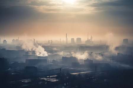 industrial smoggy skyline, with smoke and haze from factory chimneys, created with generative aiの素材