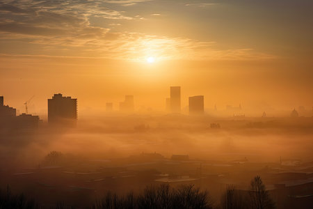 smoggy morning, with sun rising over city skyline, created with generative aiの素材