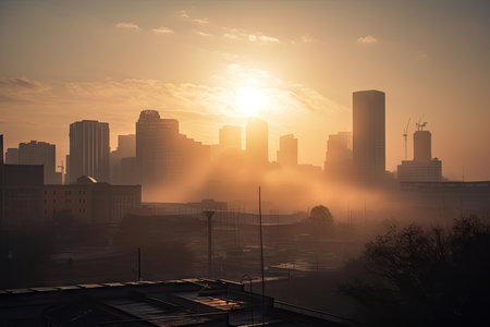 smoggy morning, with sun rising over city skyline, created with generative aiの素材