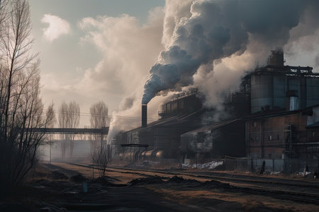 metal smelting factory, with thick smoke and fumes pouring out of the chimneys, created with generative aiの素材