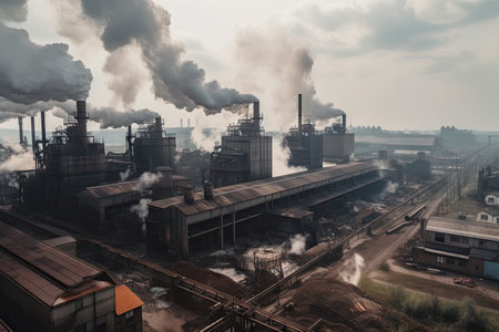 metal smelting factory, with thick smoke and fumes pouring out of the chimneys, created with generative aiの素材