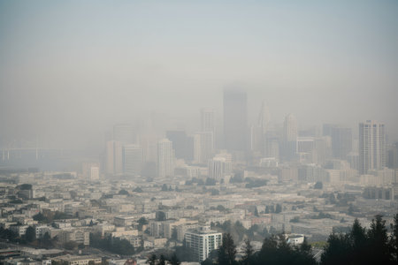 city skyline visible above smoggy haze, with visible air quality issues, created with generative aiの素材