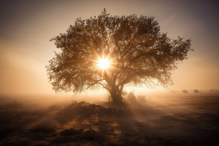 tree surrounded by smog, with the sun shining through it, created with generative aiの素材