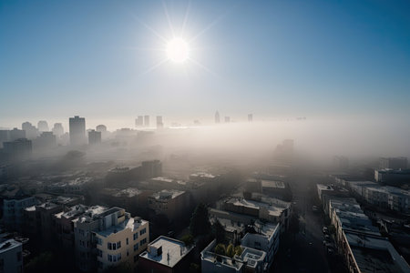 morning in city, with clear blue sky and smog visible on the horizon, created with generative aiの素材