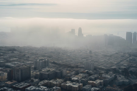 city skyline, with smog obscuring the view and hanging over the city, created with generative aiの素材