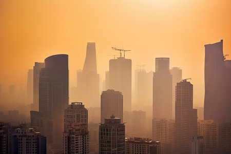 smoggy city skyline with towering skyscrapers, created with generative aiの素材