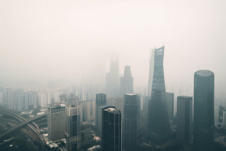smoggy city skyline with towering skyscrapers, created with generative aiの素材