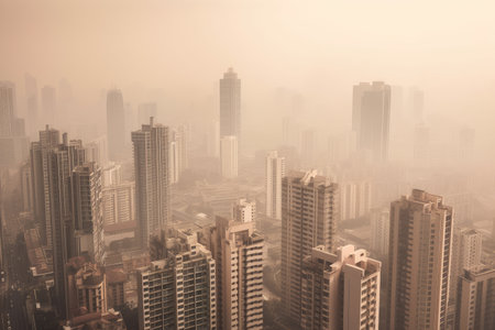 smoggy city skyline with towering skyscrapers, created with generative aiの素材