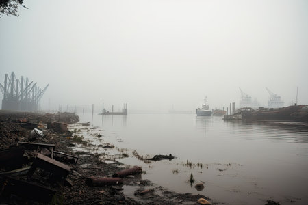 industrial harbor, with smoggy mist covering the water, created with generative aiの素材