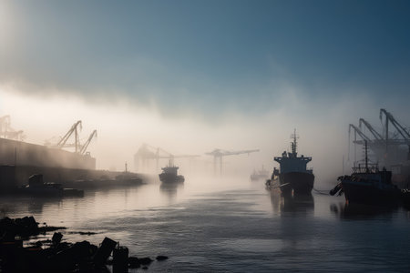 industrial harbor, with smoggy mist covering the water, created with generative aiの素材