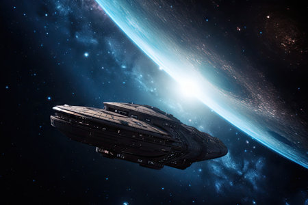 intergalactic cruiser, traveling through the vastness of space, with stars visible in the background, created with generative aiの素材