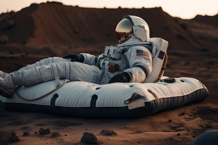 tired traveler, resting on space mattress after long journey across the universe, created with generative aiの素材