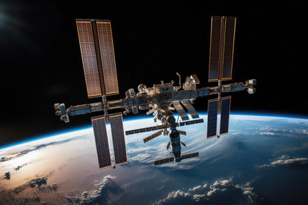 space station, with view of planets and stars in the distance, created with generative aiの素材