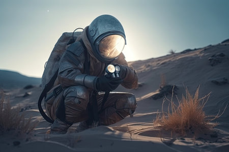 intergalactic traveler, exploring unknown planet and discovering its treasures, created with generative aiの素材