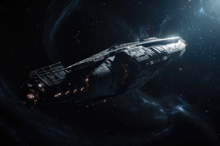 spaceship hurtling past the dark void of intergalactic space, created with generative aiの素材