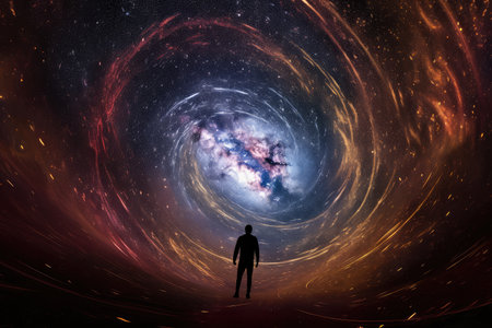 intergalactic traveler, surrounded by swirling vortex of stars, on journey to unknown destination, created with generative aiの素材