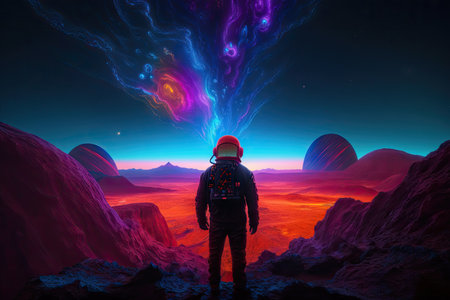 intergalactic traveler, taking in the views of a strange new world, with bright and colorful alien landscapes in the background, created with generative aiの素材