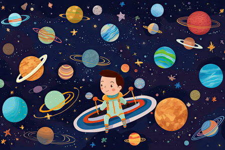 intergalactic traveler, surrounded by stars and planets, on their journey through the universe, created with generative aiの素材