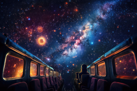 intergalactic traveler stargazing from the deck of their spaceship, surrounded by stars and galaxies, created with generative aiの素材