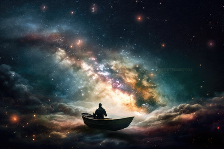 intergalactic traveler floating among the stars, with nebulae and galaxies in the background, created with generative aiの素材