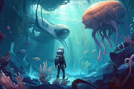 intergalactic traveler exploring the depths of an alien ocean, with strange creatures swimming in the water, created with generative aiの素材