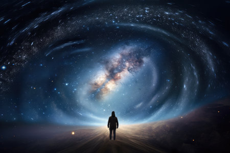 intergalactic traveler, surrounded by swirling vortex of stars and galaxies, created with generative aiの素材
