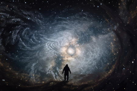 intergalactic traveler, surrounded by swirling vortex of stars and galaxies, created with generative aiの素材