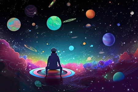 intergalactic traveler, surrounded by stars and planets, traveling from one world to the next, created with generative aiの素材