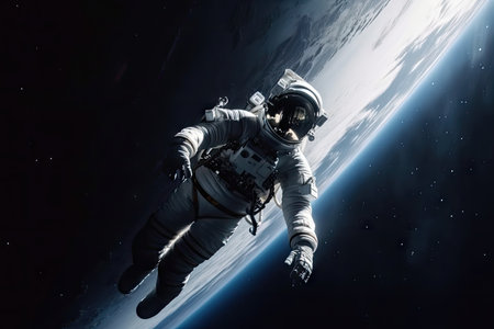 intergalactic traveler in zero gravity, floating through the vastness of space, created with generative aiの素材