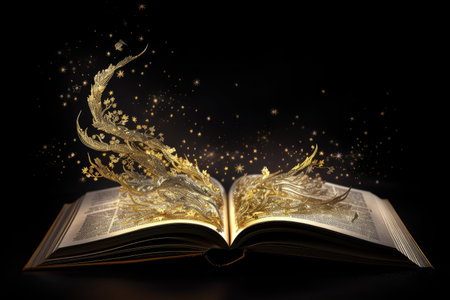 magical book, with flowing script and glittering gold illustrations, open on a starry night sky, created with generative aiの素材