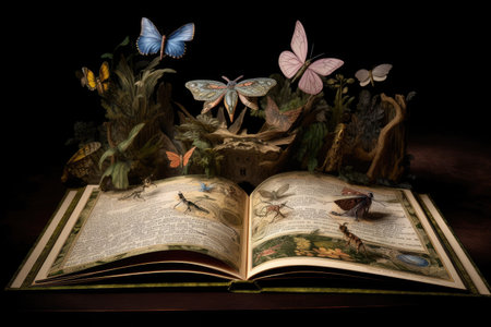 an enchanting book brought to life, with magical creatures and characters appearing before its pages, created with generative aiの素材