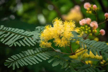 mimosa tree surrounded by blooming flowers and green leaves, created with generative aiの素材